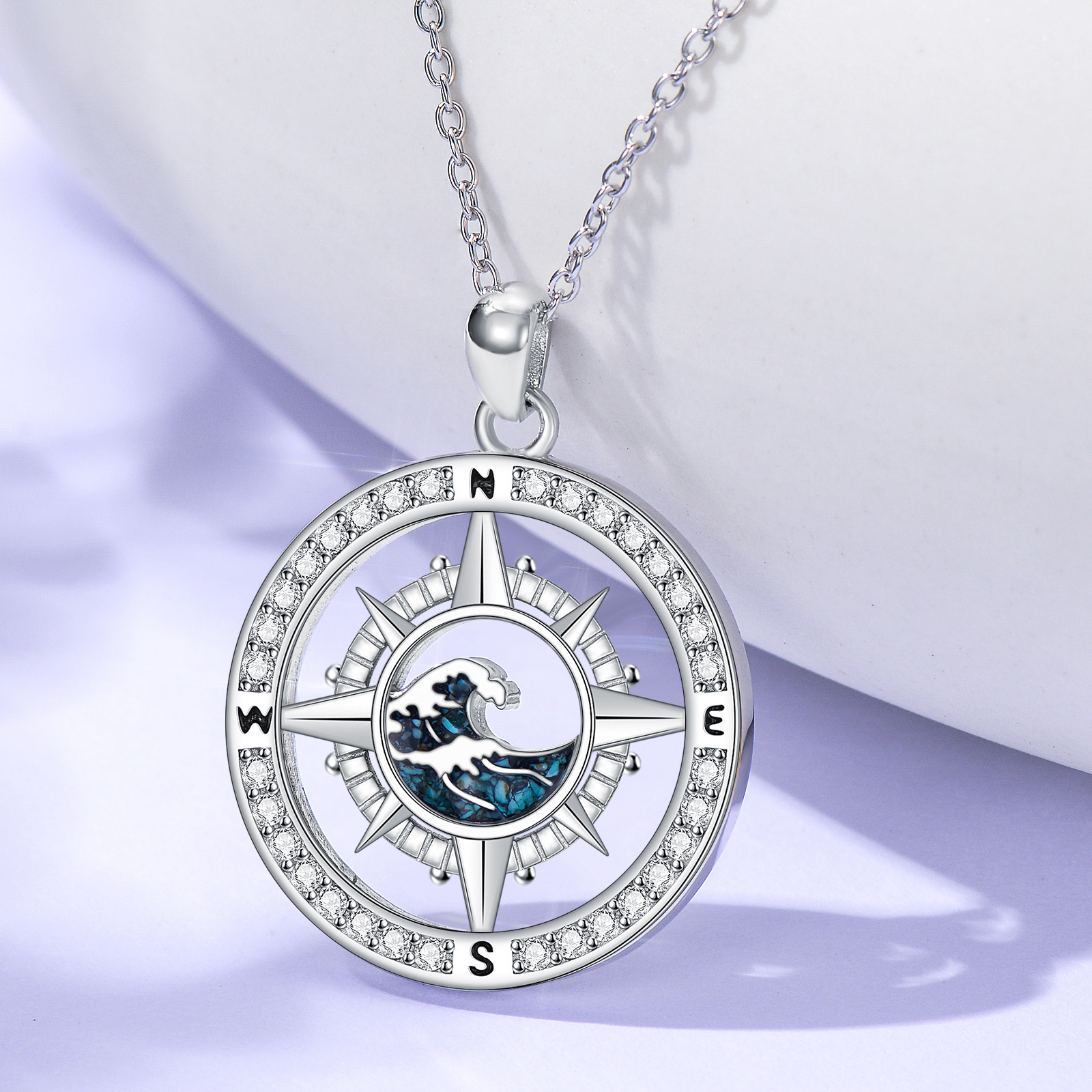 Compass Necklace 925 Sterling Silver Turquoise Wave Pendant
